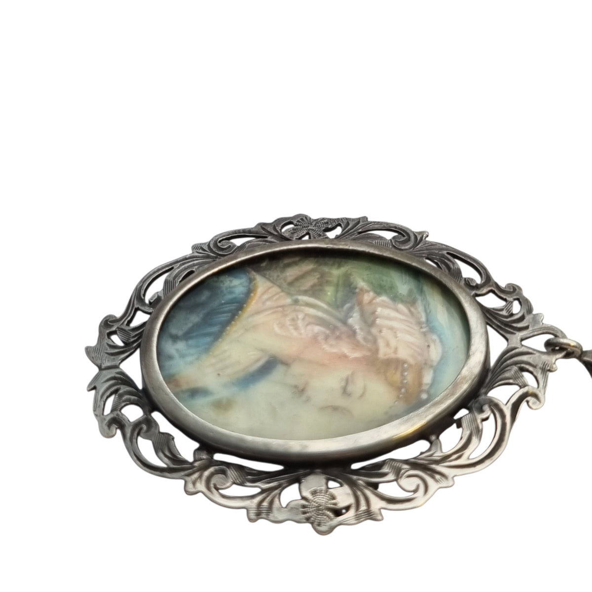 Art Nouveau 800 silver pendant brooch with miniature of a lady and floral frame, Europe, ca. 1900–1930