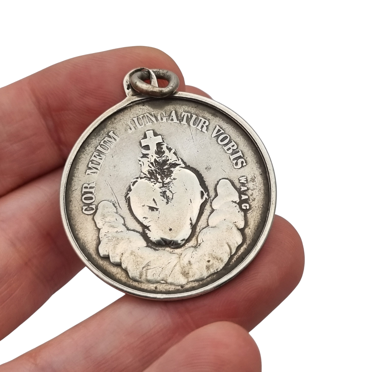Medalla francesa de la Inmaculada y Sagrado Corazón en plata, firmada Waag, ca. 1880-1905