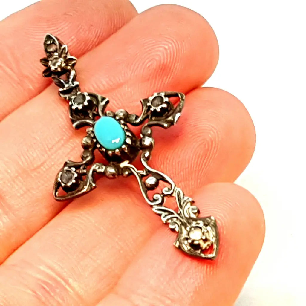 Cruz de plata turquesa azul joyería religiosa ley 925 años 50.