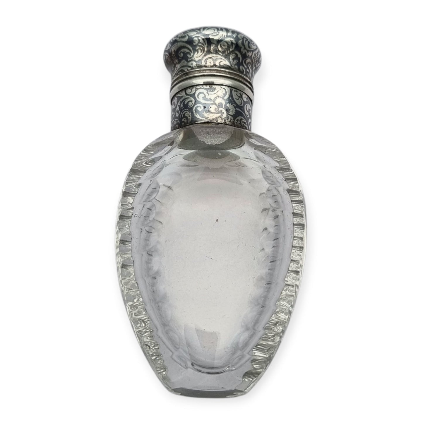 Victorian perfume bottle in cut glass and nielloed silver, circa 1890