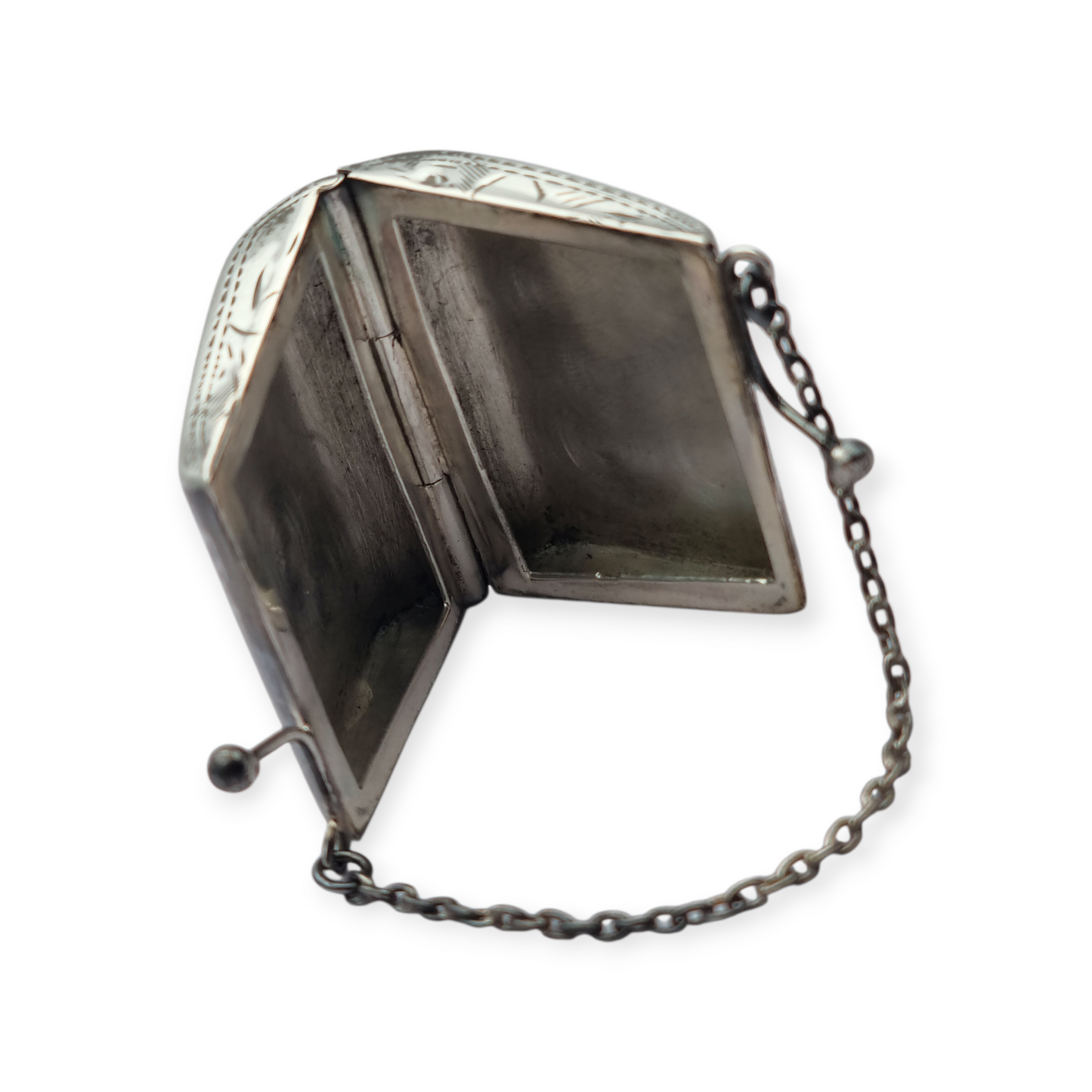 Vintage 925 silver coin purse with chain and floral engraving, 1960s.