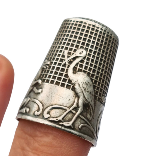 Antique solid silver thimble from the fable "The Fox and the Stork" by La Fontaine, circa 1920-30