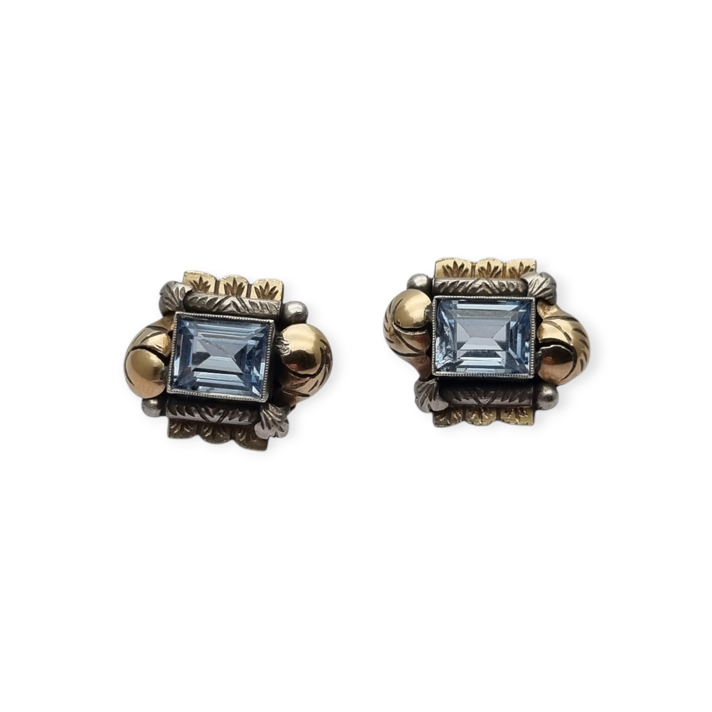 Pendientes Art Déco catalán de plata con vistas de oro y piedra azul circa 1930.