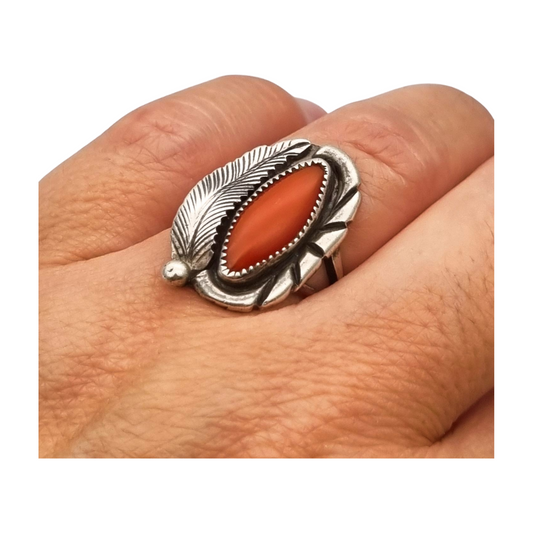 Anillo Navajo plata coral rojo hoja firmado GM, Gerald Mitchell, joyería Boho, circa 1970-80