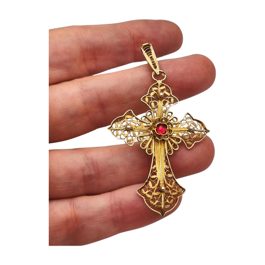 Classic religious cross in gilt silver filigree with red stone circa 1950-60