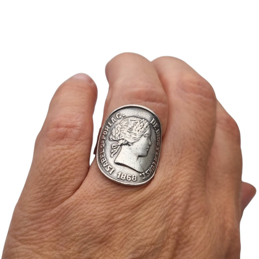 Queen Isabel II 1868 coin ring in silver, numismatic jewelry, circa 1950