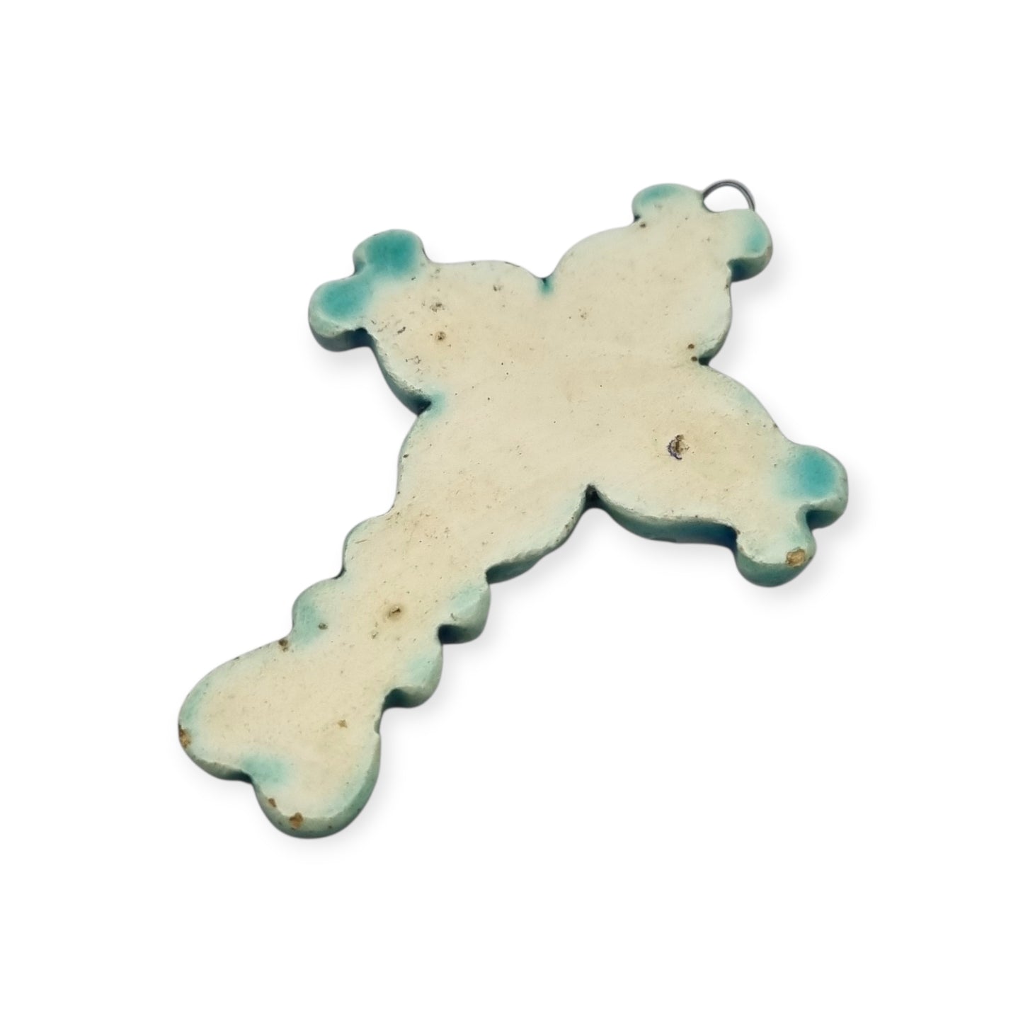 Colgante cruz esmaltada azul y dorado Francia años 60 cerámica vitrificada