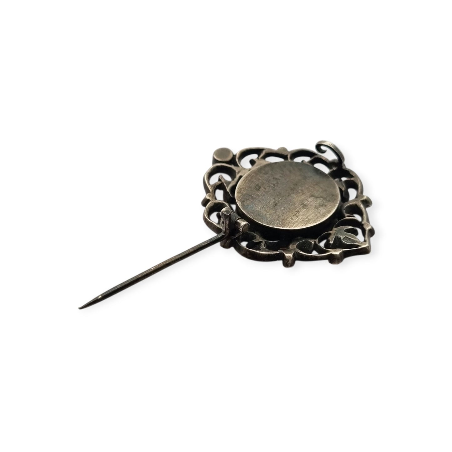Broche plata Victoriano con vistas de oro, miniatura pintada y pedrería, Francia 1890-1900