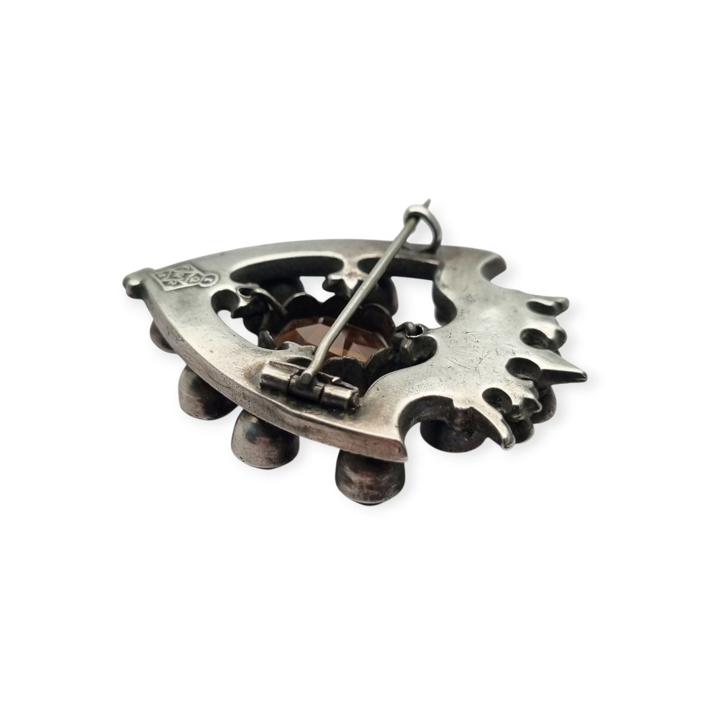 Victorian Scottish Luckenbooth brooch in silver with polychrome and Cairngorm quartzes, registered design 1866