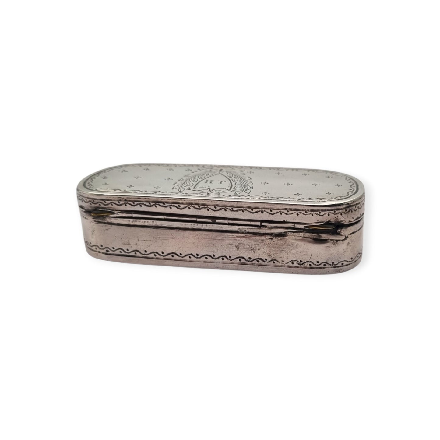 Antique tested silver tobacco box, engraved, monogram J.H., neoclassical style, second half 19th century