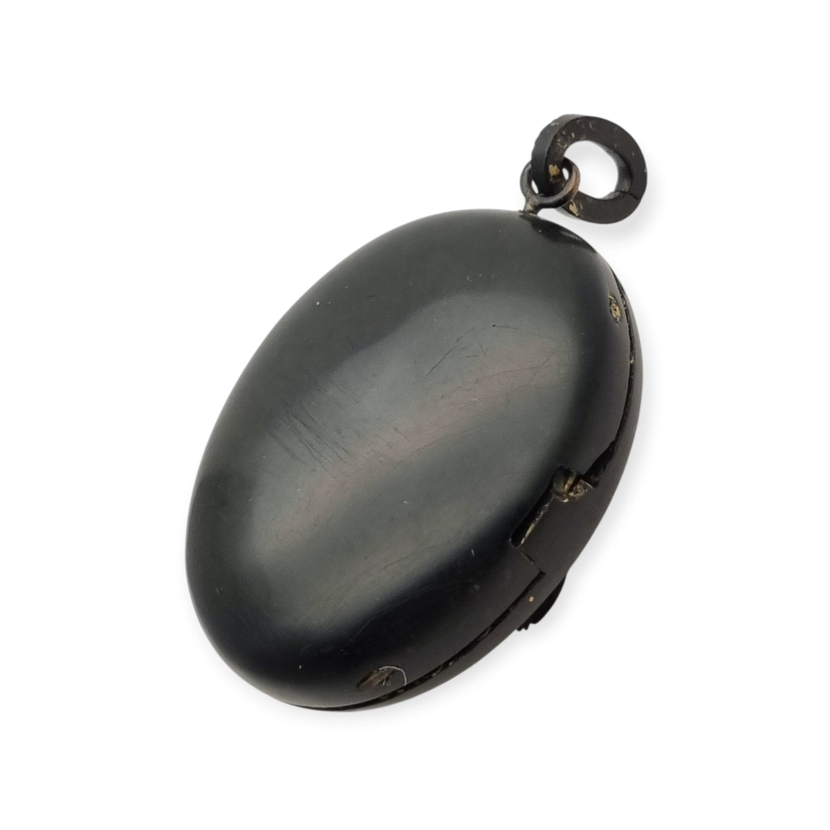 Victorian black vulcanite mourning locket with high-relief flowers, England, c. 1880–1900