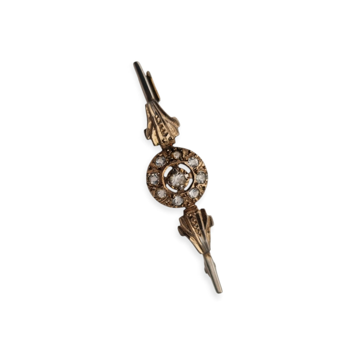 Antique Belle Époque brooch in gilded metal with clear stones, Europe, ca. 1890–1920