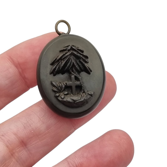 Victorian mourning hair slide in vulcanite with cross and weeping willow, sentimental jewelry, ca. 1890–1910