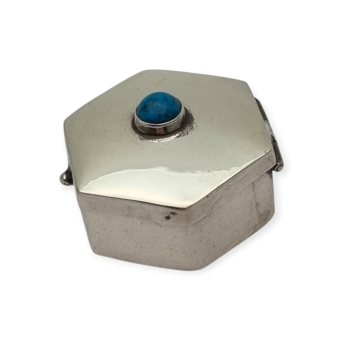 Vintage Mexican 925 silver box, hexagonal with blue cabochon · Iguala, ca. 1980–1990