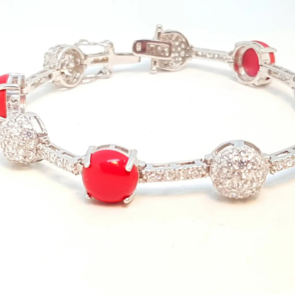 Pulsera plata vintage brillo bolas rojas plata. Circa 2000.