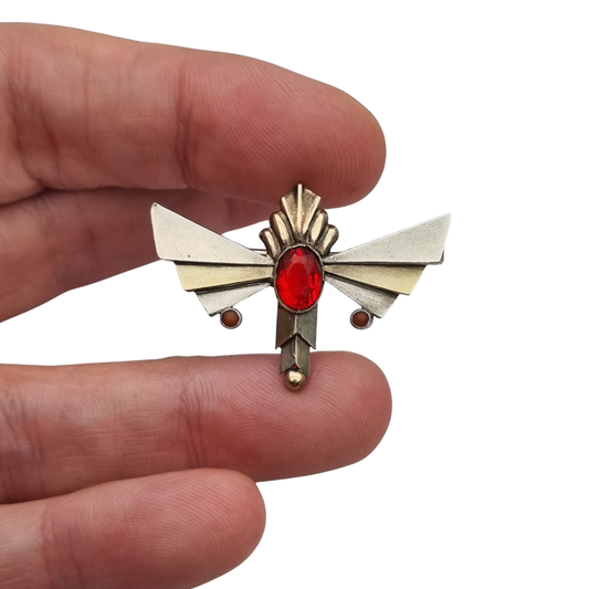Art Deco silver brooch with faceted red glass, Spanish geometric jewelry, circa 1930