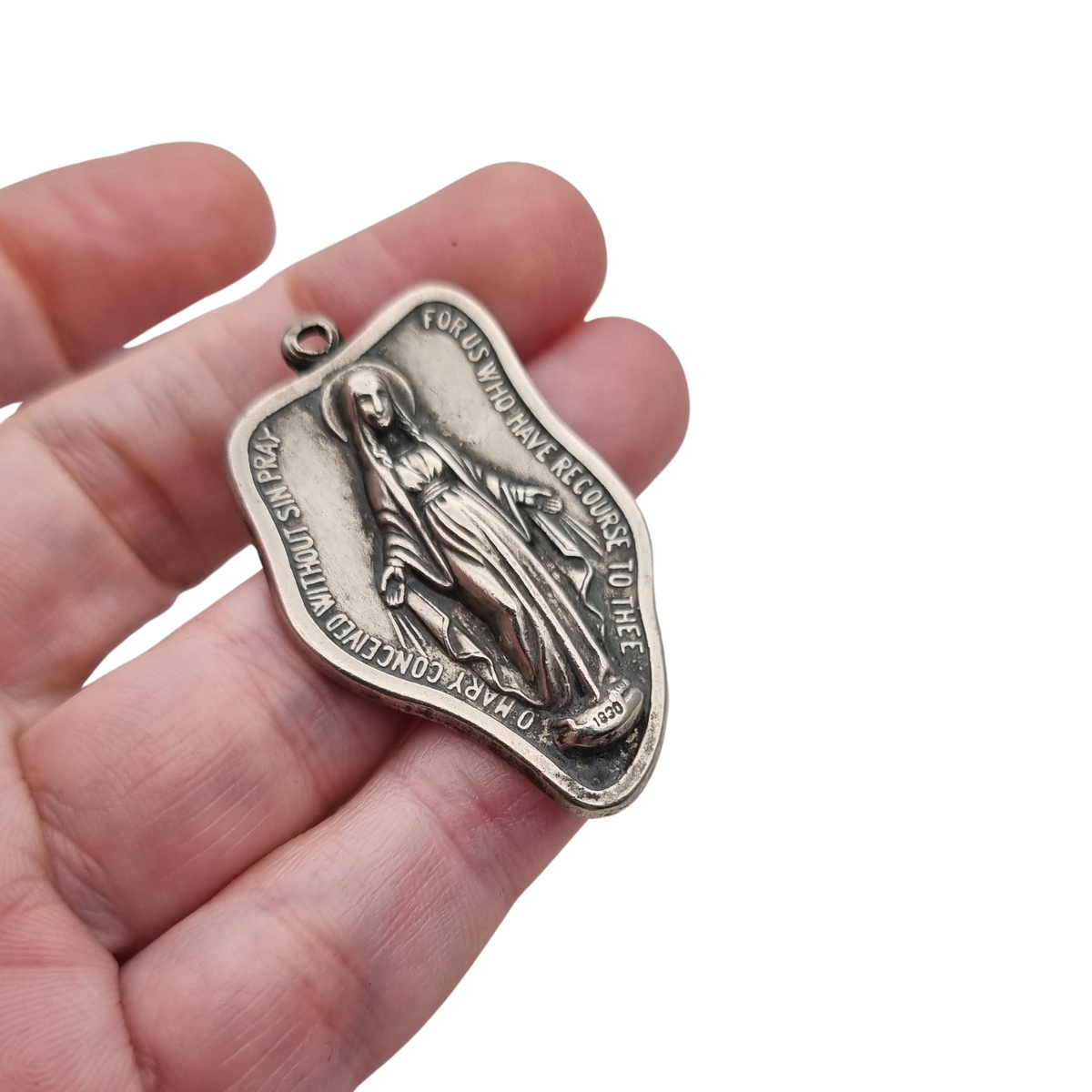 Vintage religious medal of Our Lady of Miracles in silver-tone metal, Italy, ca. 1960–1970