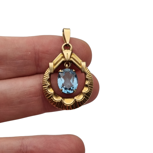 French FIX Art Deco Rolled Gold Pendant with Faceted Blue Stone, circa 1930–1940