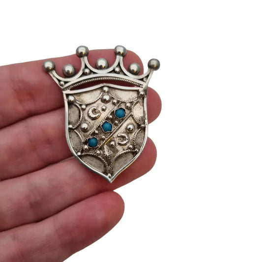 Broche emblema corona pin vintage plata 800 y turquesa estrella broche