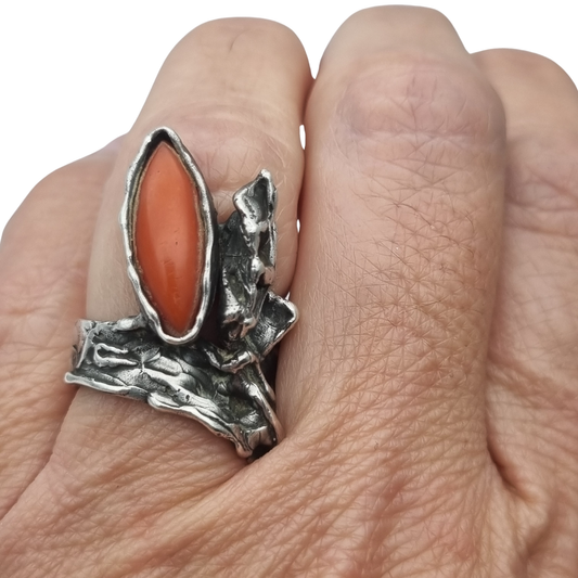 European brutalist ring in silver and red coral, signed organic design, circa 1970