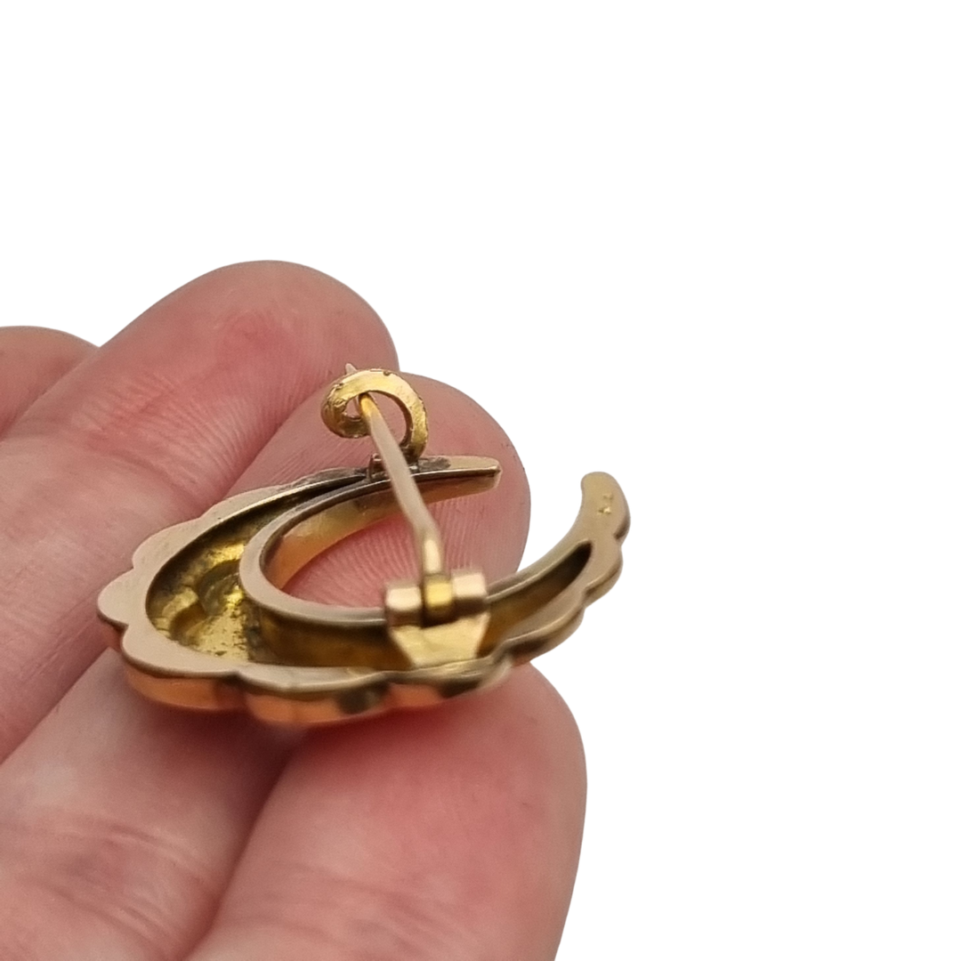 Belle Époque circa 1900 crescent moon brooch by FIX, gold-plated with pearls