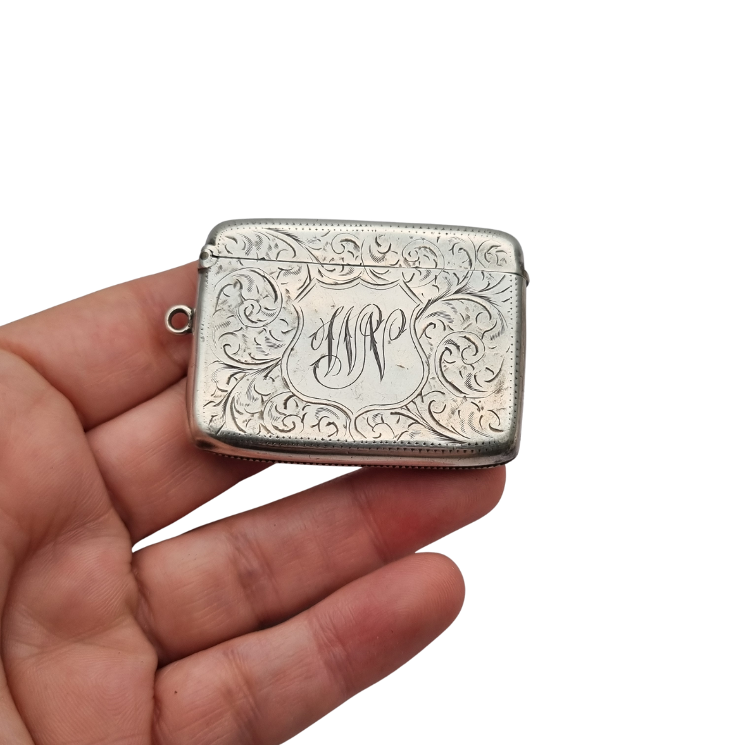 Caja cerillera Eduardiana antigua de plata Birmingham 1905, W.H William M Hayes