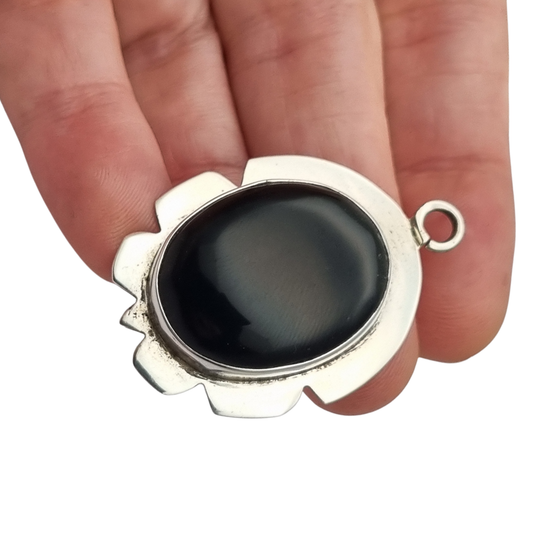 Colgante de plata 925 con ónix negro, joyería boho geométrica vintage, estilo artesanal 1980–1990