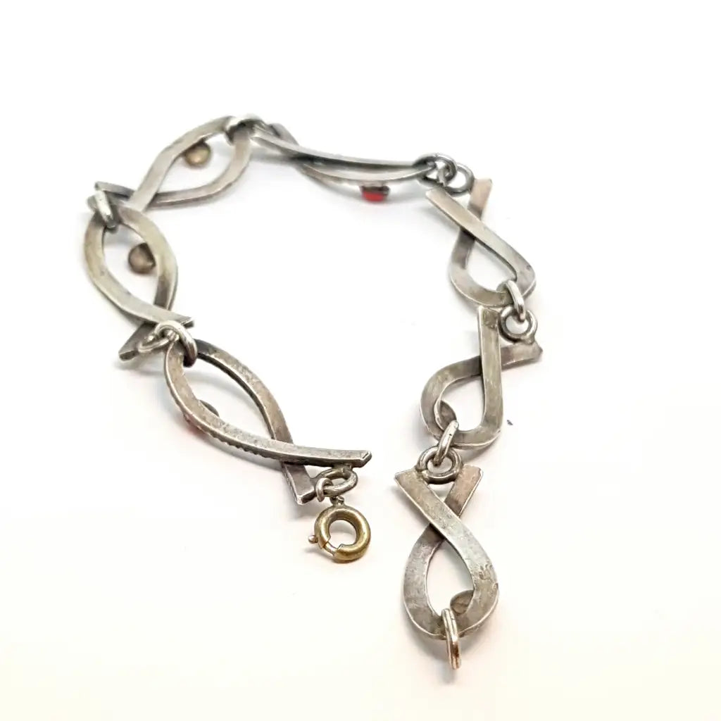 Pulsera vintage de plata Art Deco para mujer con pez esmaltado rojo