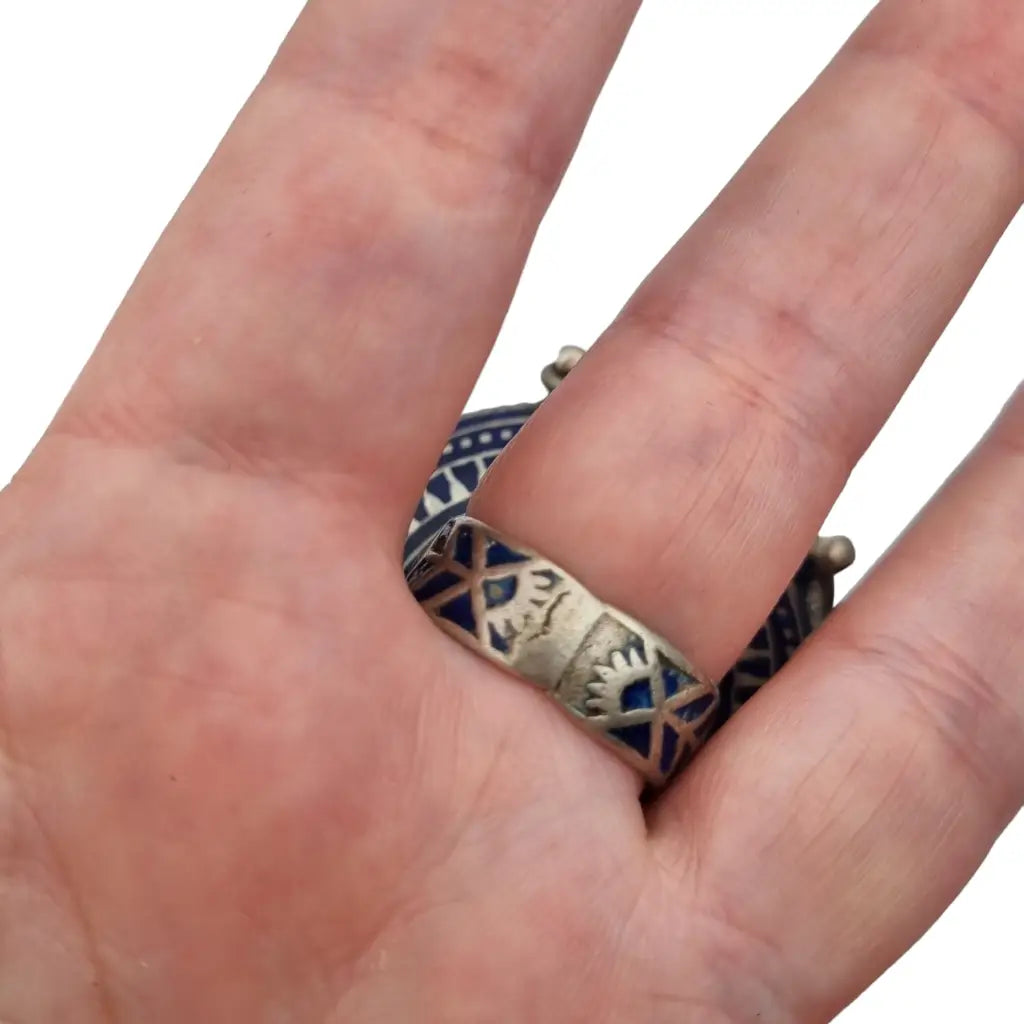 Raro anillo espejo de plata antiguo esmalte azul afganistán joyería tribal.