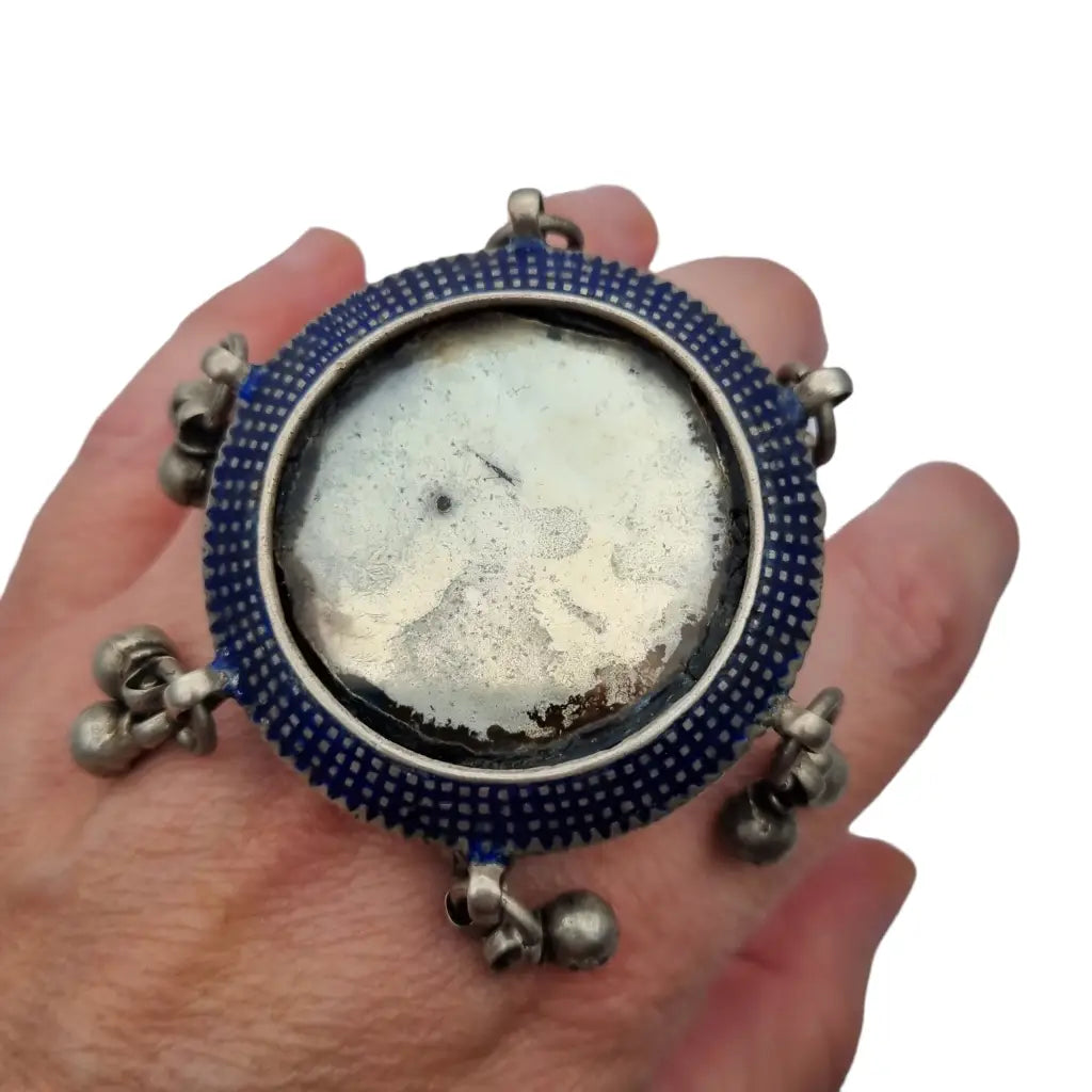 Raro anillo espejo de plata antiguo esmalte azul afganistán joyería tribal.