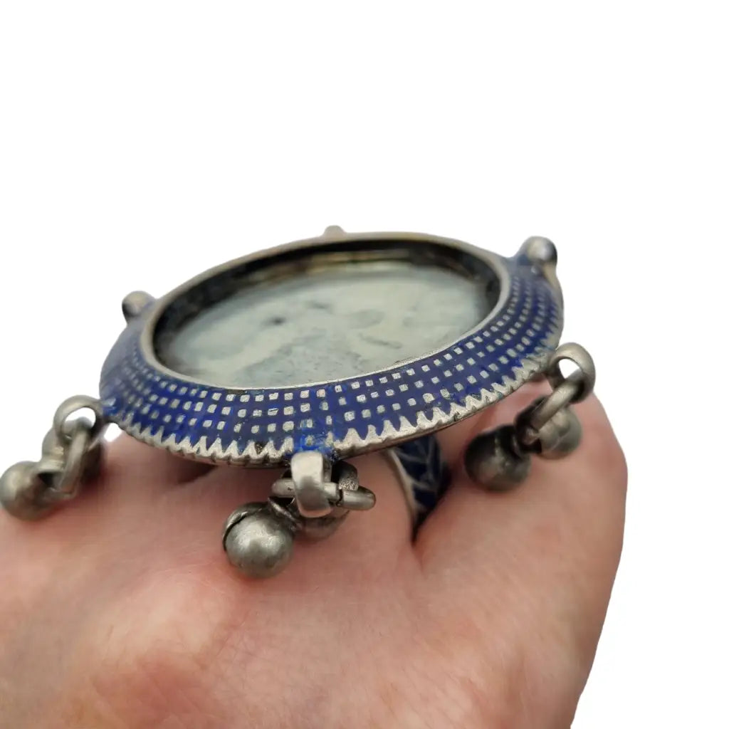 Raro anillo espejo de plata antiguo esmalte azul afganistán joyería tribal.