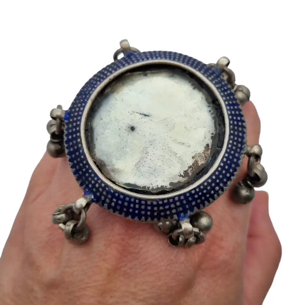 Raro anillo espejo de plata antiguo esmalte azul afganistán joyería tribal.