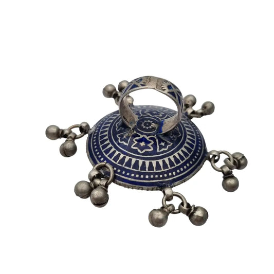 Raro anillo espejo de plata antiguo esmalte azul afganistán joyería tribal.