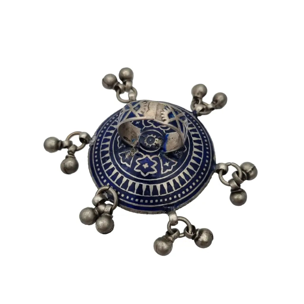 Raro anillo espejo de plata antiguo esmalte azul afganistán joyería tribal.