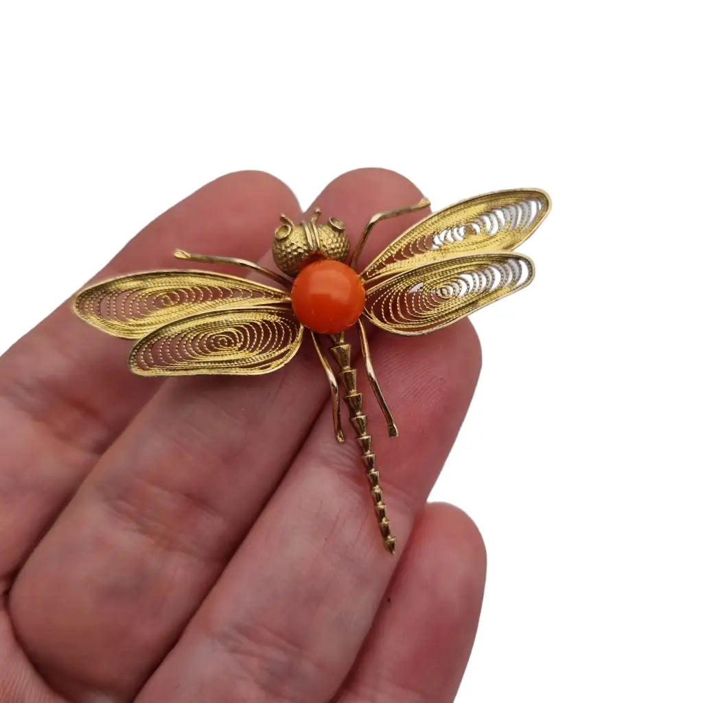 Gold silver and coral filigree dragonfly brooch antique and