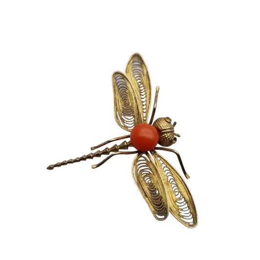Broche de libélula filigrana plata dorada y coral joyas antiguas vintage.