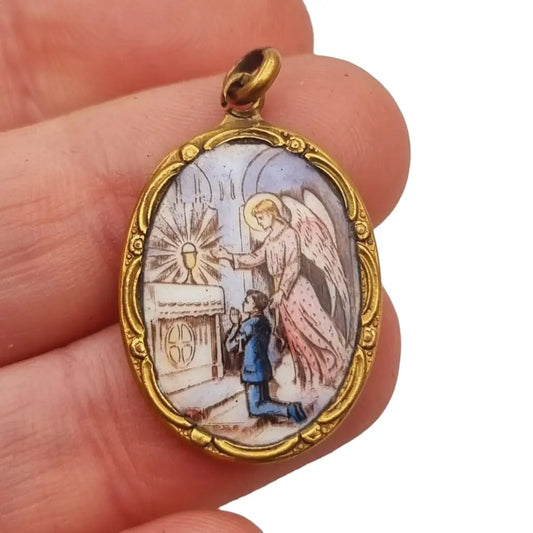 Colgante antiguo de esmalte religioso medalla comunión regalo católico.