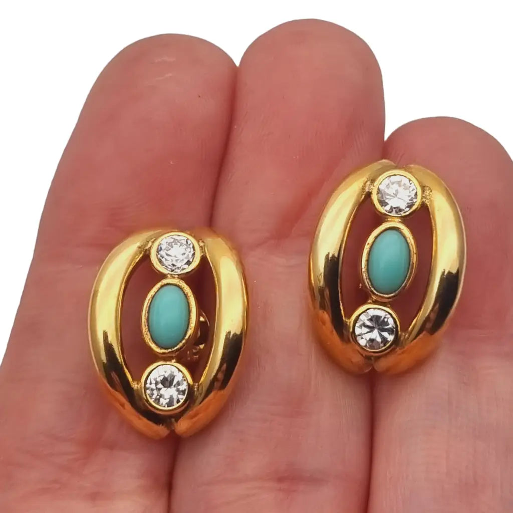 Pendientes gold filled 14k pedrería azul y blanca joyería vintage mujer 1960.