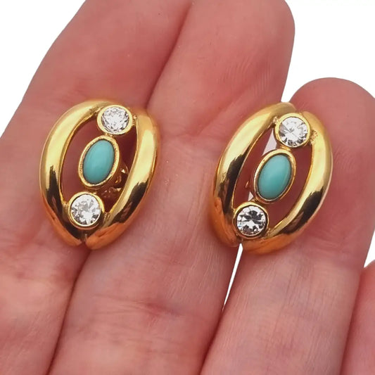 Pendientes gold filled 14k pedrería azul y blanca joyería vintage mujer 1960.