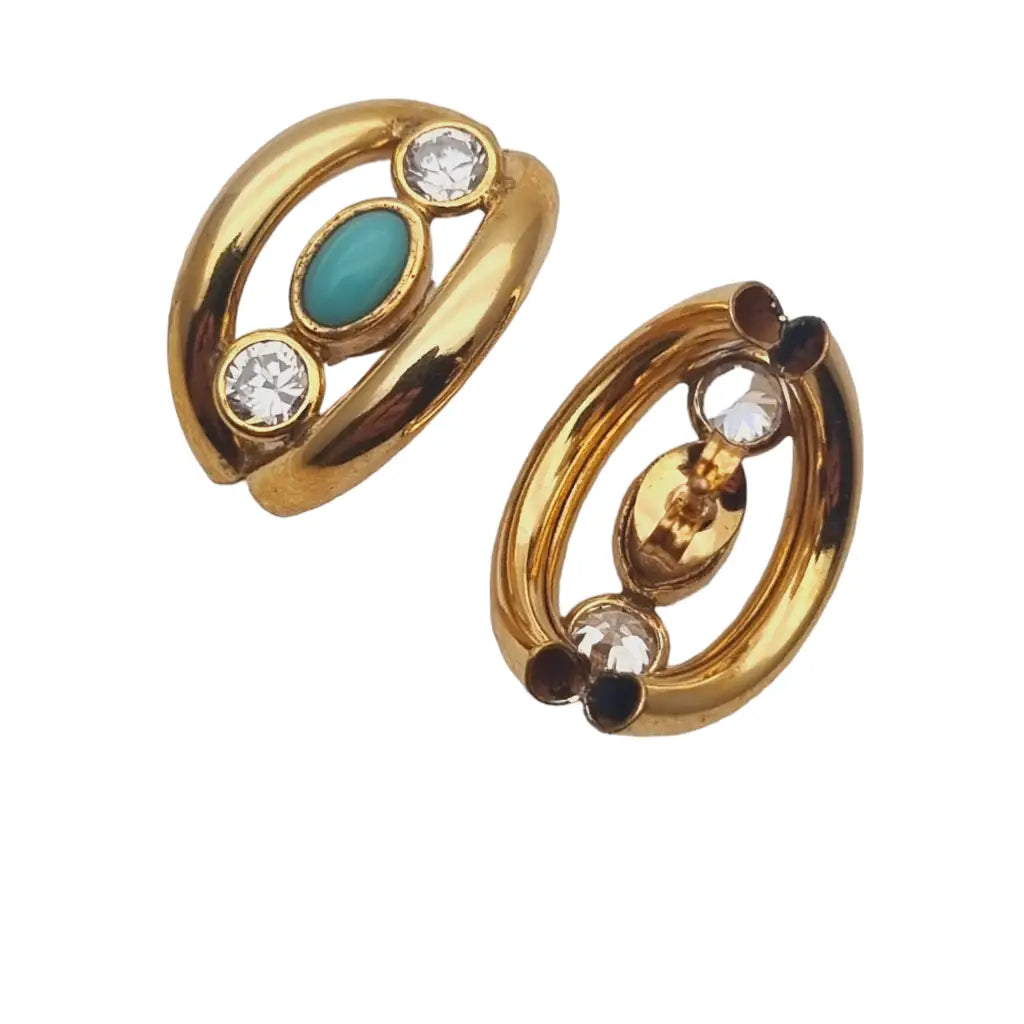 Pendientes gold filled 14k pedrería azul y blanca joyería vintage mujer 1960.