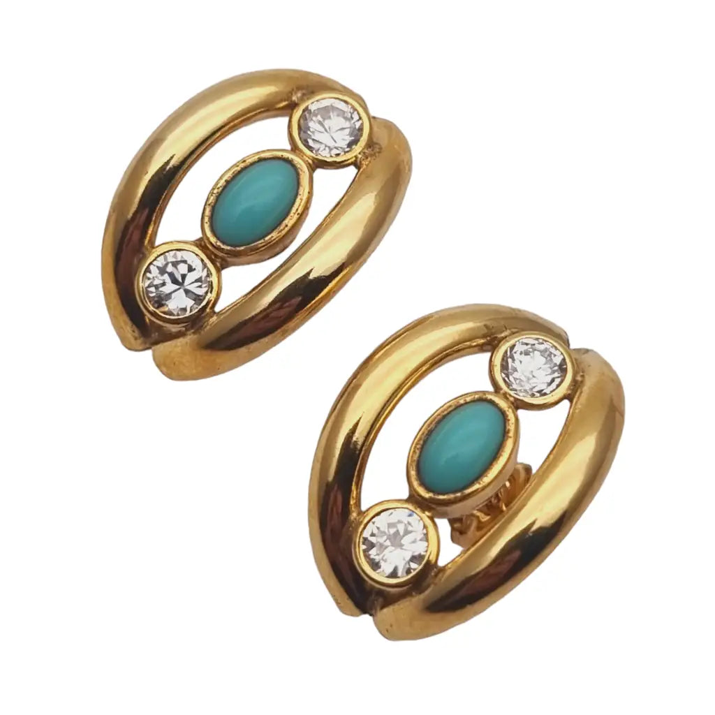 Pendientes gold filled 14k pedrería azul y blanca joyería vintage mujer 1960.