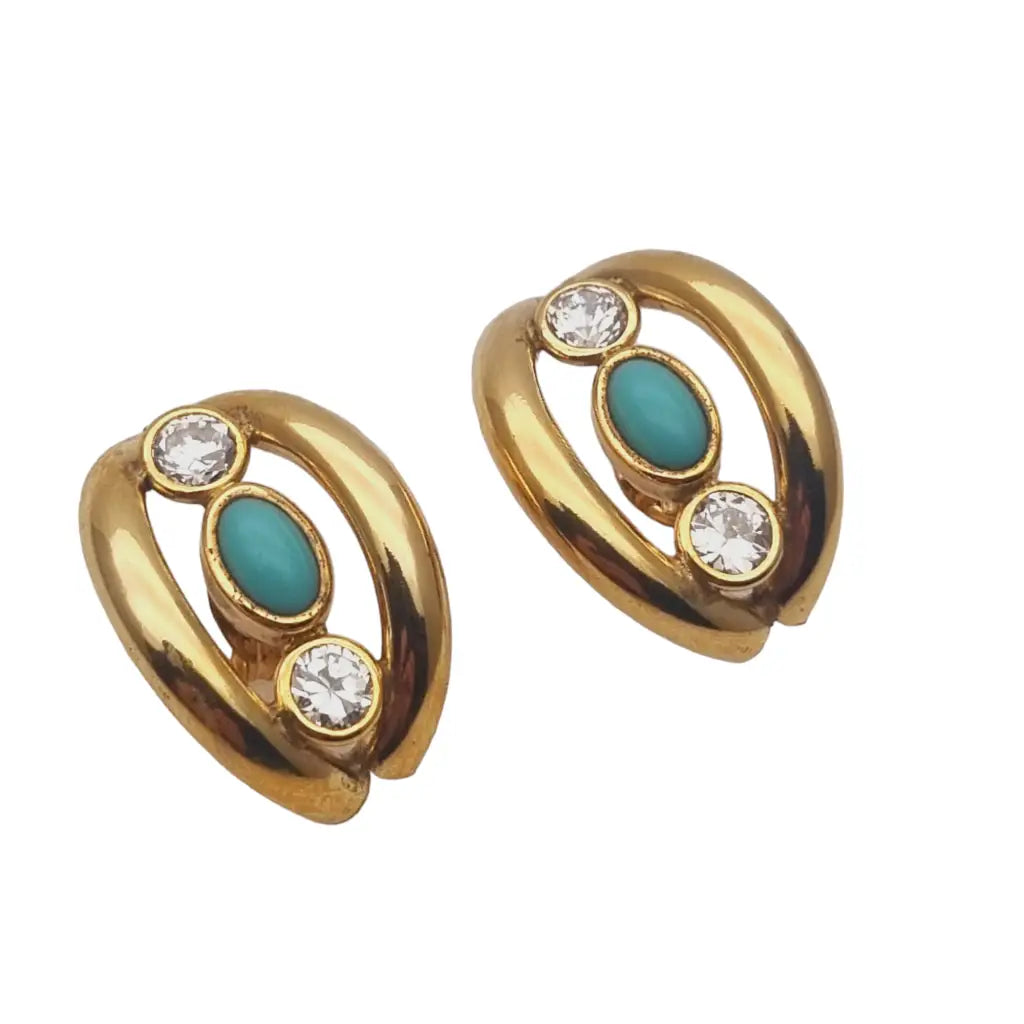 Pendientes gold filled 14k pedrería azul y blanca joyería vintage mujer 1960.