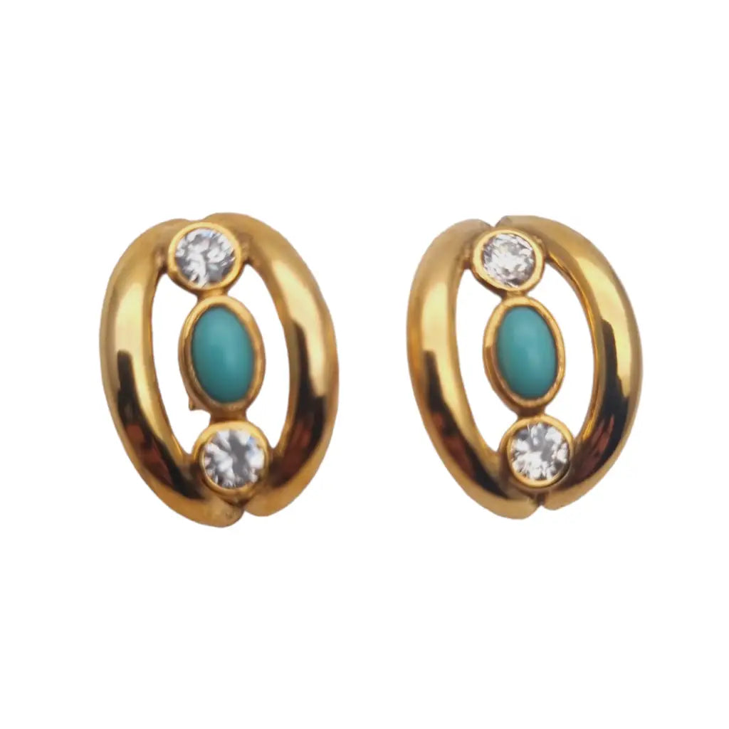 Pendientes gold filled 14k pedrería azul y blanca joyería vintage mujer 1960.