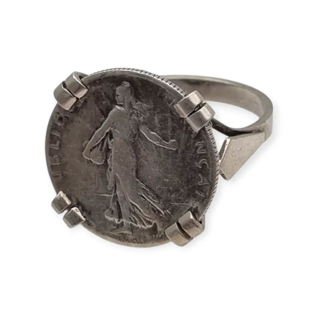 Anillo antiguo de moneda 50 céntimos francesa en plata montura artesanal