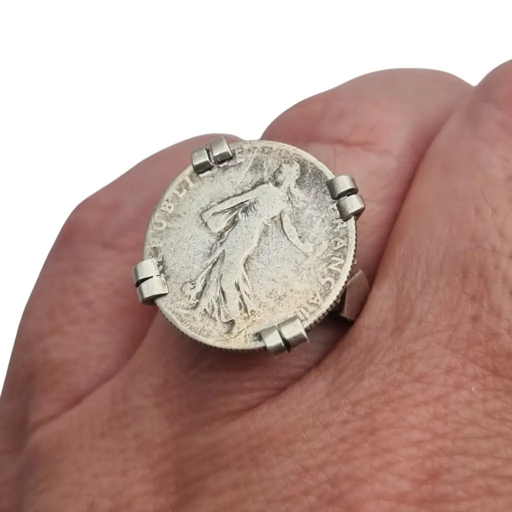 Anillo antiguo de moneda 50 céntimos francesa en plata montura artesanal
