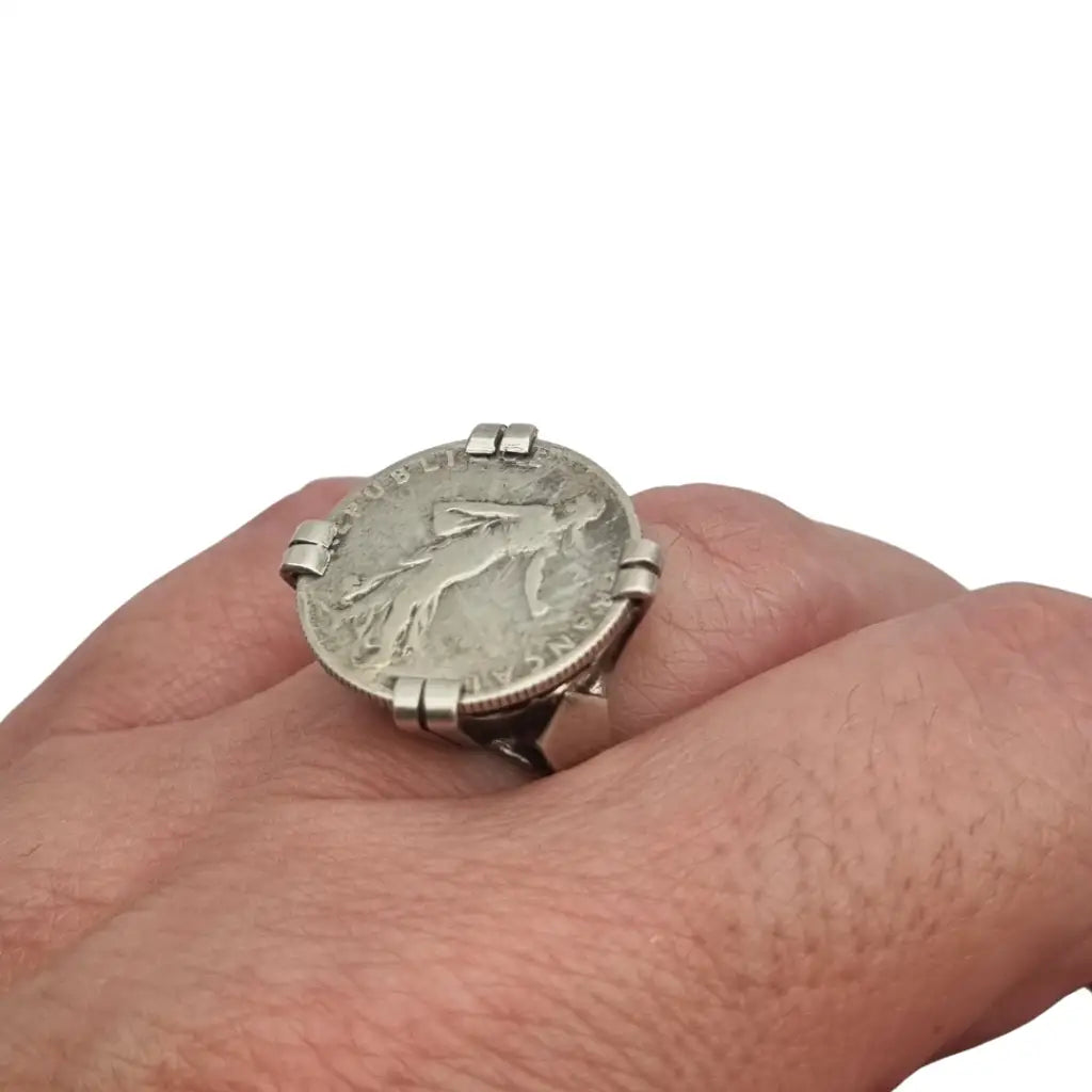 Anillo antiguo de moneda 50 céntimos francesa en plata montura artesanal