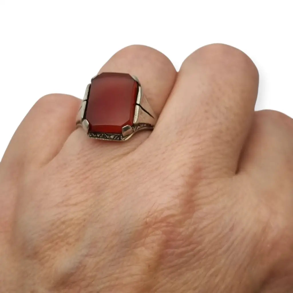 Anillo Art Déco de plata 835 y cornalina rectangular circa 1930-1940 regalos