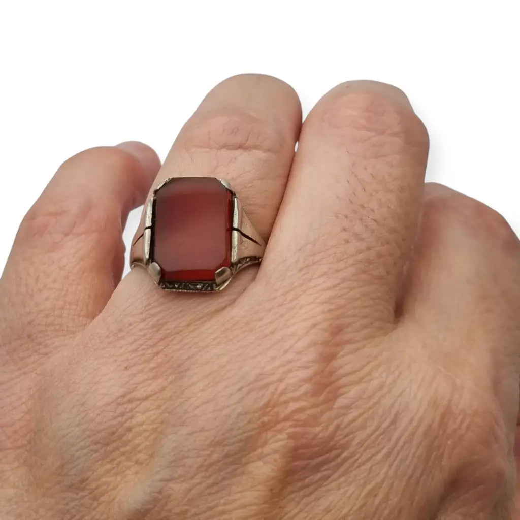 Anillo Art Déco de plata 835 y cornalina rectangular circa 1930-1940 regalos