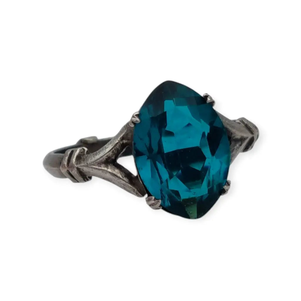 Anillo Art Déco de plata esterlina con piedra azul talla ovalada para mujer