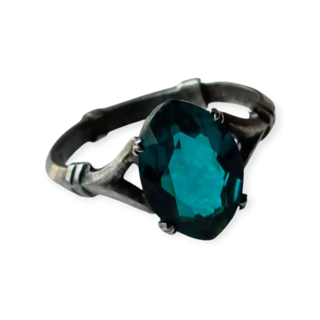 Anillo Art Déco de plata esterlina con piedra azul talla ovalada para mujer